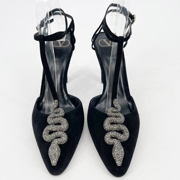 Valentino Garavani Maison Black Suede Crystal Snake T-Strap Pump size EU 39.5 - Picture 1 of 12